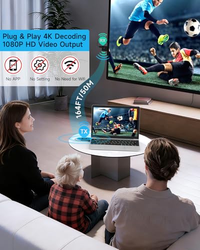 Wireless HDMI Transmitter and Receiver, 164FT Long-Range Low Latency Audio & Video 4K Decoding 1080P Output, 5G/2.4G Dual-Band Stable Connection, Plug & Play for Laptop,PC,TV,Projector,Camera