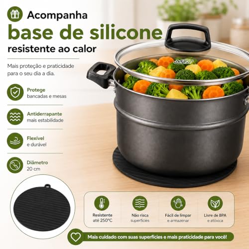 Cuscuzeira Antiaderente MTA Cristal 20cm 3,2L + Base de Silicone | Panela a Vapor para Legumes, Peixes, Vegetais e Cuscuz | Tampa de Vidro
