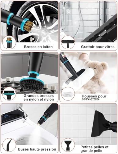 Steam Cleaner, 2500 W Multi-Purpose Manual Steam Cleaner with 6 Adjustable Speeds and 8 Types of Nozzles, 1250ML Portable High Pressure Steam Cleaner for Home and Car