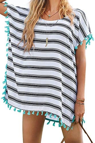 Aoqueen Fashion Womens White Stripes Macrame Chiffon Beachwear Dress Bikini Cover Ups