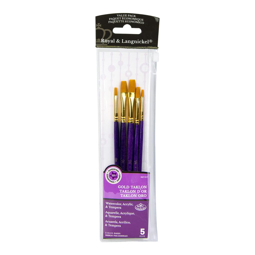 Royal and Langnickel Zip N' Close Gold Taklon Shade 5 Pieces Brush Set Sizes 2, 4, 6, 8, 10