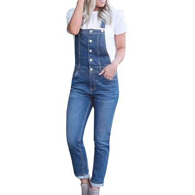 FIRERO Women Demin Straps Trousers Jumpsuit Casual Slim Button Jeans Pants