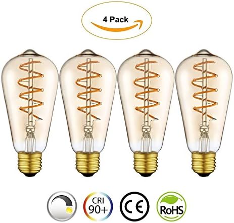 Vintage Edison Pendant LED Light Bulb Lamp ST64 Dimmable Spiral Flexible LED Filament Bulb E26 Base Warm White 2200K 4W Equivalent 25W Amber [Energy Class A++] 4 Pack