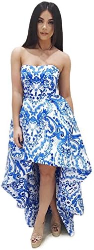 Women's High Low Strapless Floral Print Prom Dresses Long Formal Gowns Size 24