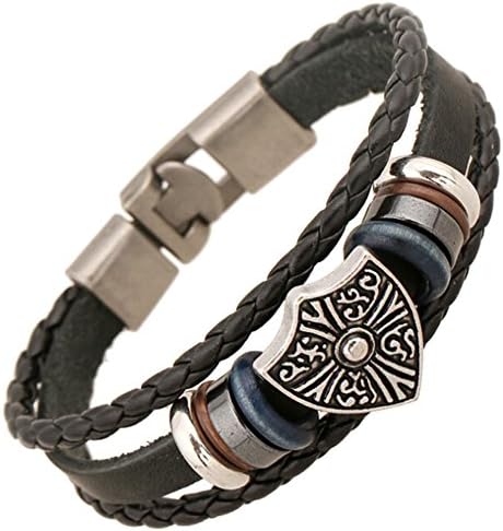 SumBonum Jewelry Mens Alloy Leather Braided Rope Bracelet, Vintage Classic Beads Gothic Hollowed Shield Charm Cuff Bracelet, Black Blue Golden Silver