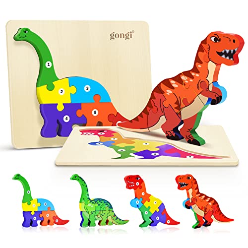 Wooden Puzzles for 2 Year Olds, Two Sided Dinosaur Puzzle for 3 Year