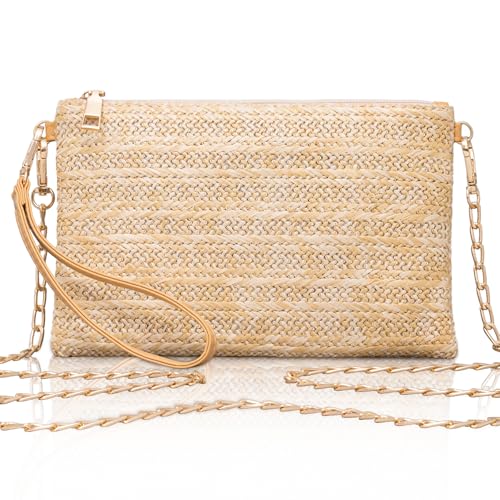 Larcenciel Women's Raffia Bag, Women's Shoulder Bag with Removable Wristlet and Chain, Beach Bag