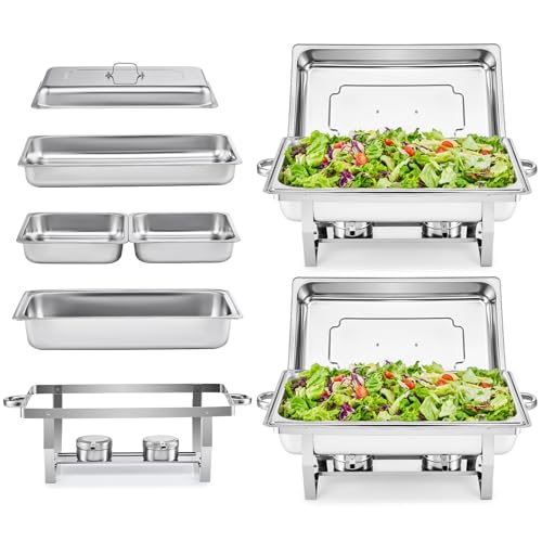 WILPREP Set of 2 Chafing Dish Buffet Buffet Buffet Warmer Stainless Steel Food Safe with Foldable Frame (2×GN1/1+4×GN1/2)