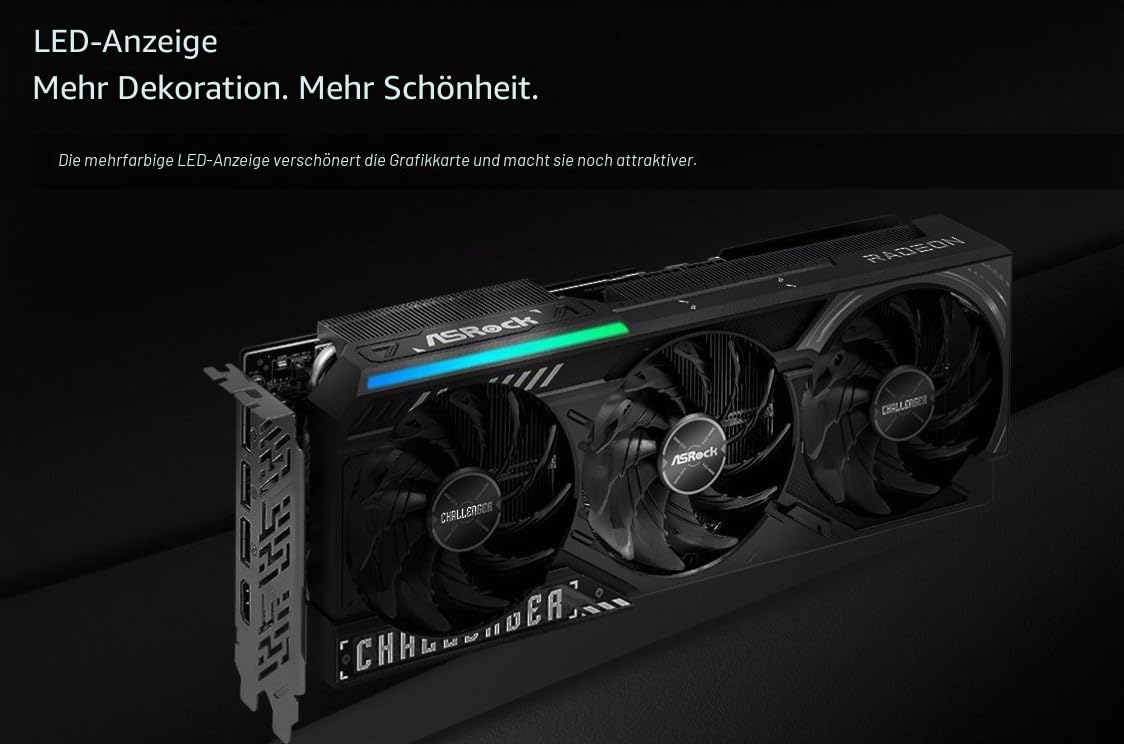 ASRock Radeon RX 9070 XT Challenger 16 GB OC-Grafikkarte, AMD RDNA 4 Architektur, 2970 MHz Boost Clock, 16 GB GDDR6, PCIe 5.0, DisplayPort 2.1a, HDMI 2.1b, Triple Cooling 5