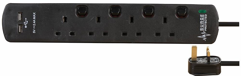 Pro Elec 4 Gang 2 USB Surge Protected Extension Lead, 2m, Black