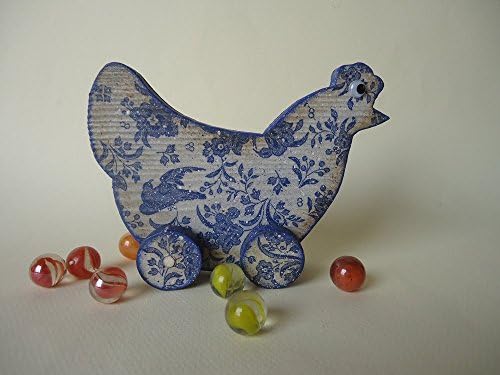 Nursery decor, Baby Provence home decor chicken figure, rolling toy, Wooden toy on wheels, Blue white hen