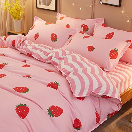 Bedding Duvet Cover Sets 3-pieces Full/Queen Size(90"x90") Microfiber , Pink Red Strawberry Strawberries Prints Floral Patterns Design,Without Comforter (Full/Queen, 1Duvet Cover+2Pillowcases-03)