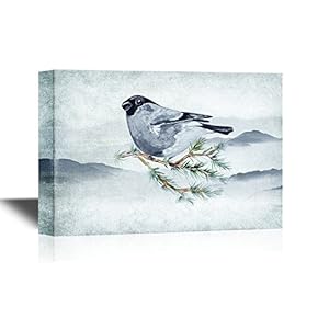 Canvas Wall Art - Watercolor Painting Bullfinch on a Pine Branch - Gallery Wrap Modern Home Art | Ready to Hang - 12x18 inches