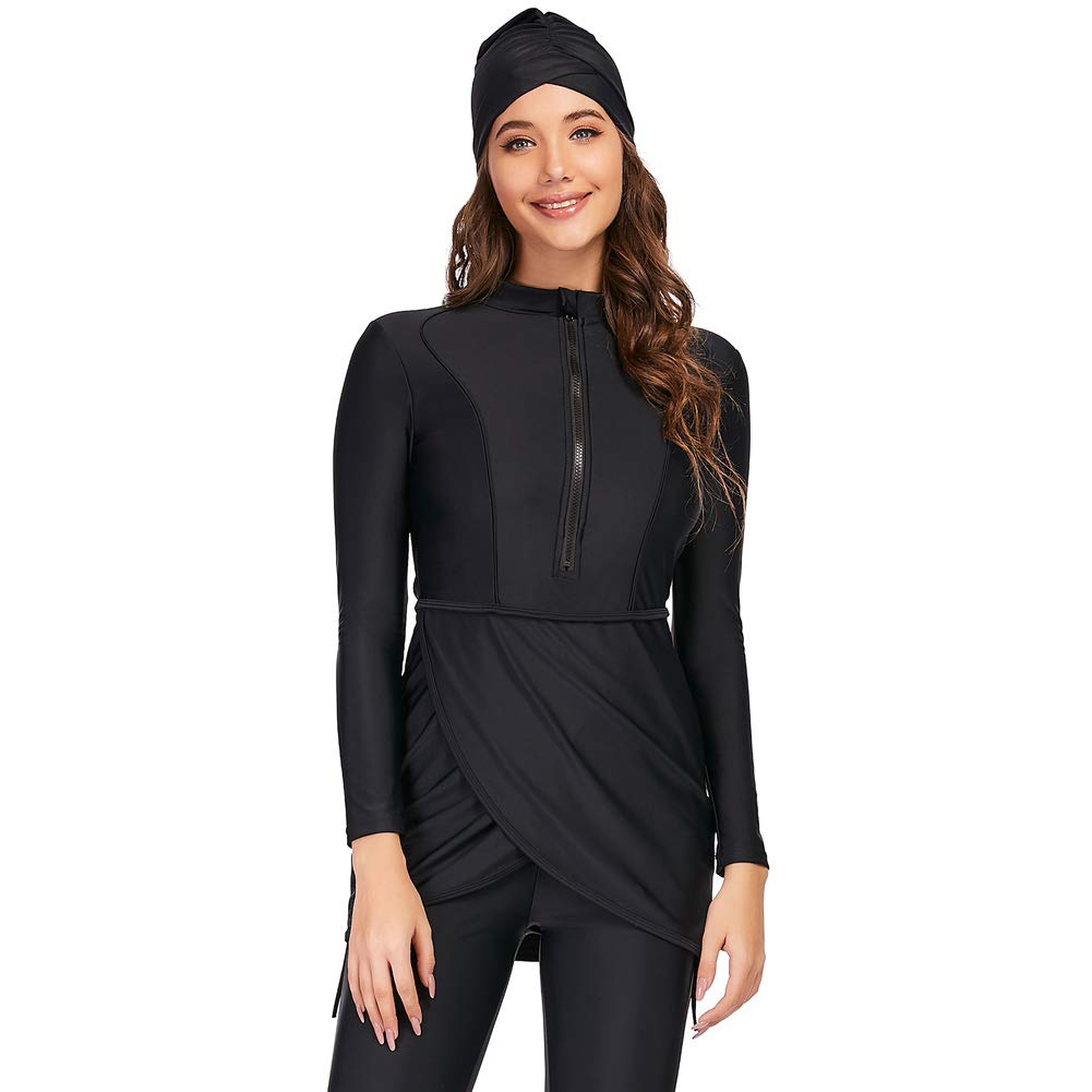 Photo 1 of Floral Women's Modest Swimsuit Long Sleeve Bathing Suit Burkini Muslim Swimwear Rash Guard Surfing S-4XL (Large) Black