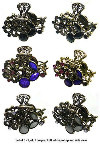 Set of 3 Small Metal Jaw Clips with Beads and Rhinestones U86420-1515-3jet/pur/offwhite
