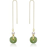 LOOYUUPEE Natural Hetian Jade Dangling Earrings for Women Lucky Handmade Earrings Natural Bead Pendant Drop Earrings Green Long Wire Bridal Jade Jewelry