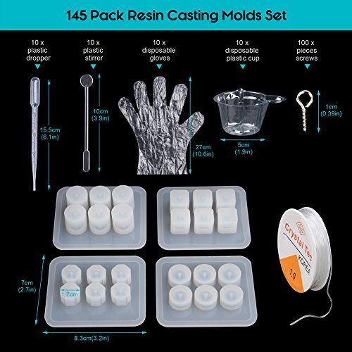 Resin Casting Molds,145 Pcs Set Including Round Square Silicone Bead Bracelet Making Molds,Screw Eye Pins,Elastic String Cord,Disposable Plastic Cups,Stirrers,Droppers,Disposable Gloves for DIY Craft