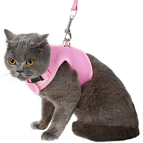 Escape Proof Cat Harness with Leash - Adjustable Soft Mesh - Best for Walking Pink Small