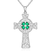 Fenthring St Patricks Day Necklace Shamrock Necklace Celtic Cross Four Leaf Clover Necklaces for Women Sterling Silver Irish Shamrock Pendant Green 4 Leaf Clover Jewelry Lucky Gifts