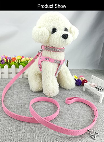 Newtensina Dog Collar & Harness & Lead Sets Fashion Dog Collar Diamante with Harness & Leashes Comfortable Soft Suede Collar Harness and Leashes Set for Dog - Pink - M - Thumbnail 3
