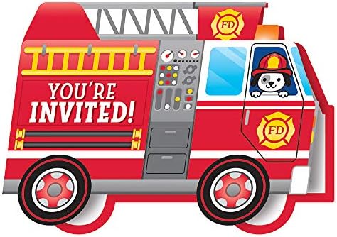 Party Central Club Pack of 48 Red and White Flaming Fire Truck Die-cut Fold-over Invitation 5"