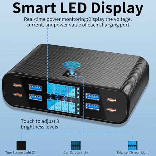 YSYFAD USB C Charger Multiple 8-Port with LED Display, 300W USB Charging Station GaN PD PPS USBC 65W Charger Fast Charging Power Type C Power Supply QC3.0 Charger for MacBook Laptops i Phone Pad