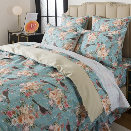 FADFAY Queen Duvet Cover Set, 3 Pieces 100% Cotton Floral Bedding with Zipper Closure, Vintage Bird and Botanical Flower Print, Soft Breathable Farmhouse Style Comforter Cover for All Seasons at Amazon