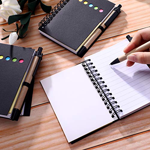 Maxdot 4 Pieces Kraft Paper Steno Pocket Business Notebook Spiral Lined Notepad Set with Pen in Holder, Sticky Colored Notes Page Marker Tabs (Black Cover)