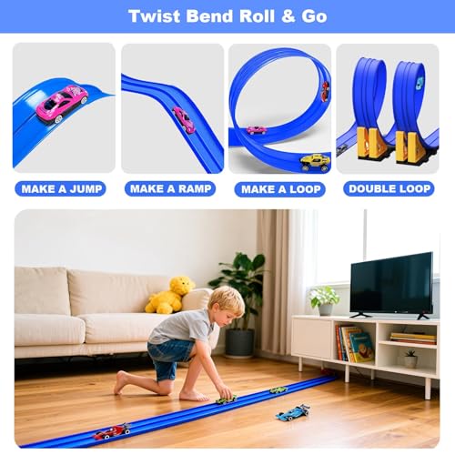 Last Page® Flexible Race Track for Kids 3+Year Old, 15ft Flex Car Tracks for Toddlers with 2 Pull-Back Cars & 2 Alloy Cars, Portable Roll Up Racing Car Tracks, Birthday for Boys Girls