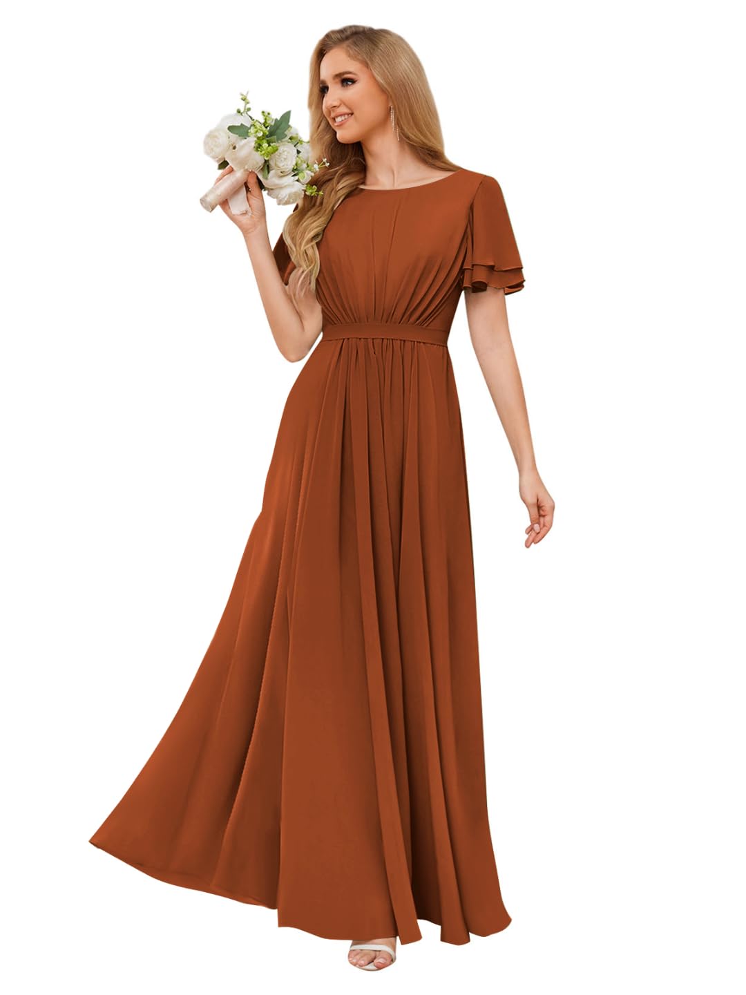 Photo 1 of PINMJEE Chiffon Formal Dresses for Women Scoop Neck Modest Bridesmaid Dress with Sleeves Burnt Orange Size 12
