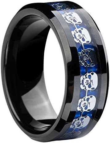 8mm Infinity Black Blue Tungsten Wedding Ring Silver Skull Skeleton Inlay Promise Jewelry Size 6.5
