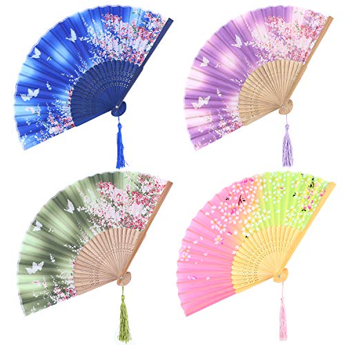 Johouse 4PCS Floral Folding Hand Fan Vintage Handheld Silk Folding Fan with Different Patterns Folding Fan for Wedding Dancing Party