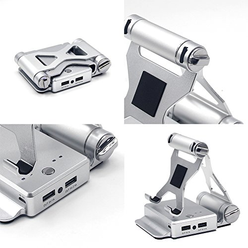 Phone Tablet Stand Holder + 10400mAh Power Bank Dual USB external battery charger for iPhone 7, iPhone 7 plus ,iPhone 6 ,iPhone 6s , Samsung Galaxy and iPad (Silvery 2in1)