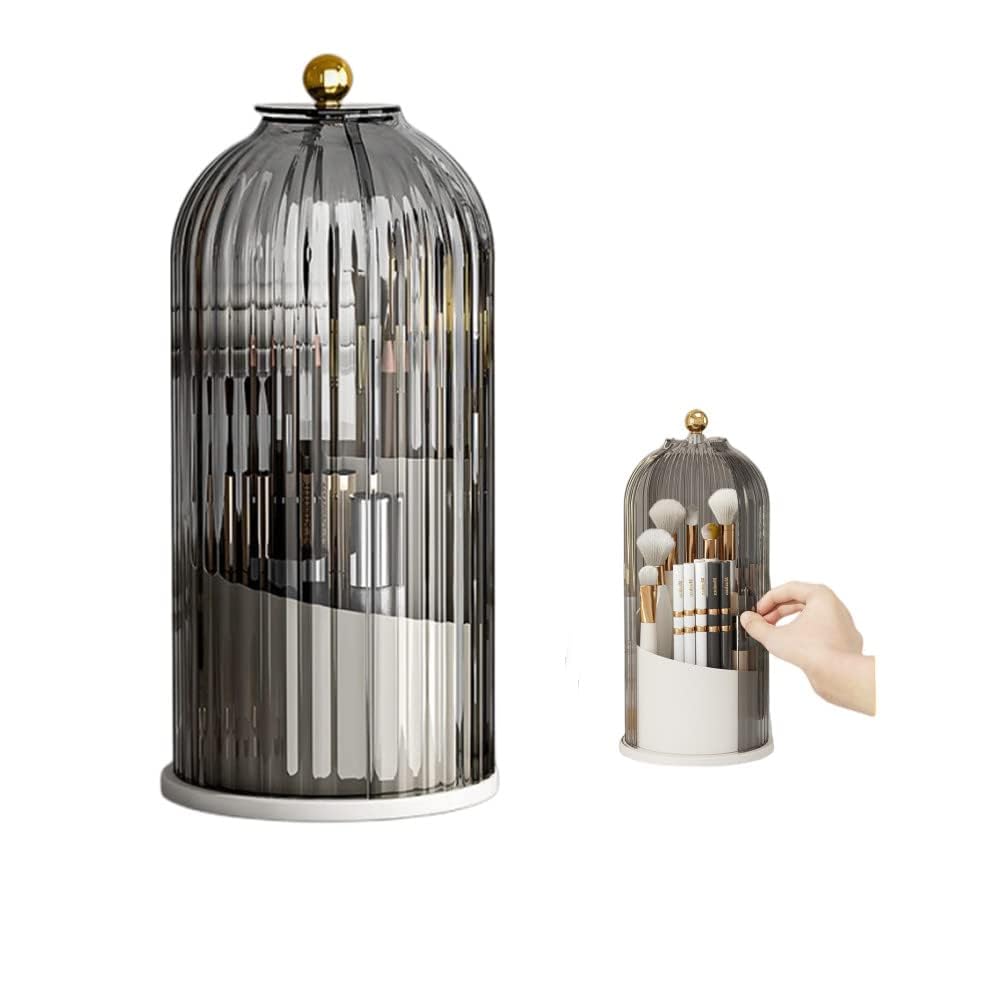 Primst Makeup Brush Holder Case, 360° Rotating Cosmetic Organizer with Dustproof Lid, Spinning Cosmetics Holders Storage Organizer for Vanity and Bathroom (Black)