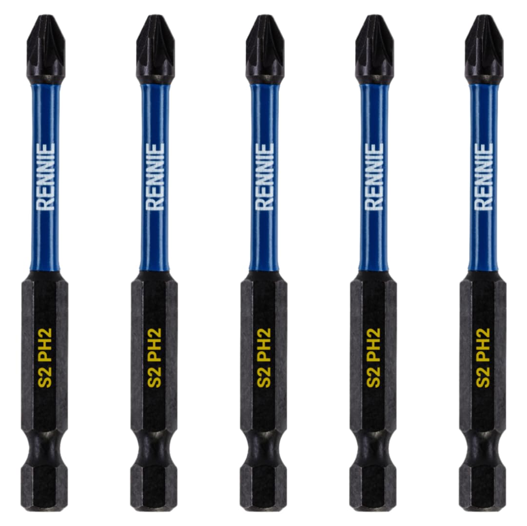 5 x Rennie Tools 75mm Long PH2 Impact Screwdriver Driver Bits Set. Magnetic Phillips No.2 Heavy Duty Impact Driver Bit Set. Long PH2 Bits. Hex Shank. Cross Head Long PH2 Bits. Black Oxide Coated