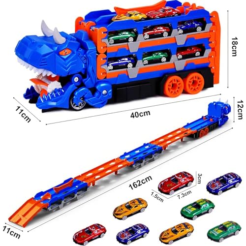 NEOROSVIKA Dinosaurios de Juguetes, Camión de Juguete de Dinosaurios con 12 Coches, Carritos Juguetes para Niño, Pista Doble Plegable, Regalo para Niños y Niñas (Azul)