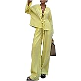 Floerns Women's 2 Piece Outfit Summer Long Sleeve Tie Front Tops with Long Pants Set