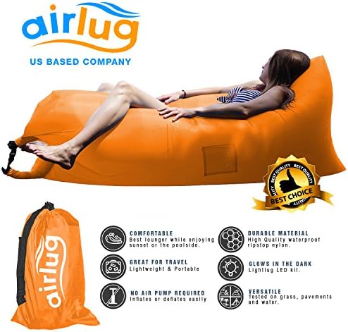 Luxury Inflatable Lounger Air Sofa by Airlug | No Pump Required | Inflates Instantly | Indoor &amp; Outdoor Hangout Lounge | Air Bag Hammock Bean Bag for Beach Patio Pool Float Camping Portable Furniture