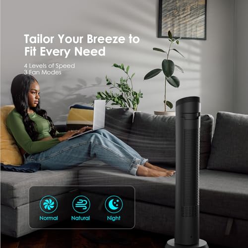 Oraimo 40" Silent Tower Fan with Remote Control 10m, 50W Powerful DC Brushless Motor, 4 Speeds,3 Wind Modes,12H Timer, 90° Oscillation, LED Display, Fan Standing for Bedroom Home Office