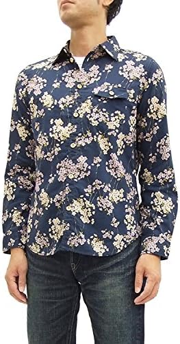Kura Japanese pattern Men's Long Sleeve Shirt 25827 Navy (X-Large)