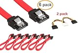 TXLOVE Sata Cable 10 Inch SATA III 6.0 Gbps Data Cable with Locking Latch + 2 Pack 6-Inch/15CM 4pin to 15pin SATA Power Splitter Cab (Red 6Pack Sata Cable+2Pcs SATA Power Splitter Cable)