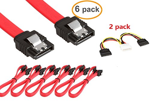 TXLOVE Sata Cable 10 Inch SATA III 6.0 Gbps Data Cable with Locking Latch + 2 Pack 6-Inch/15CM 4pin to 15pin SATA Power Splitter Cab (Red 6Pack Sata Cable+2Pcs SATA Power Splitter Cable)