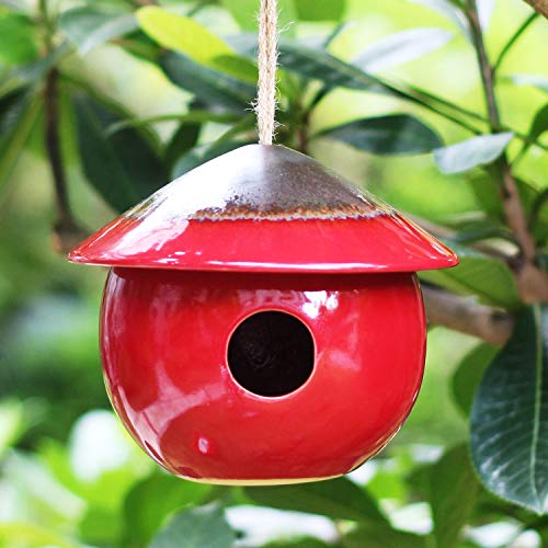 Tenforie Ceramic Birdhouses Bird Hut Hanging Hummingbird Nest for Outdoor -Red