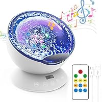 Night Light Projector Ocean Wave,Baby Nursery Music Night Lamp 12 LED and 7 Colors with Remote Control, Sleep Soothing Bedside Lamp Home Decor Light for Kids Gift (White)