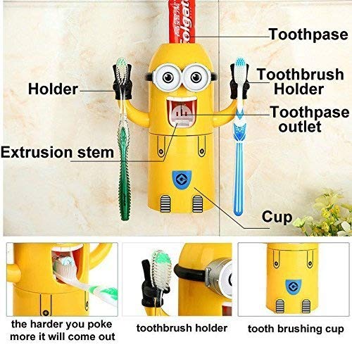 Cute Two Eyes Despicable Me Minions Design Combo Set Toothbrush Holder Automatic Toothpaste Dispenser with Rinse Cup (Yellow)