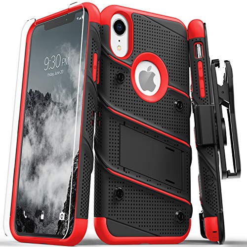 Zizo Bolt Series Compatible with iPhone XR Case Military Grade Drop Tested with Tempered Glass Screen Protector Holster and Kickstand Black RED
