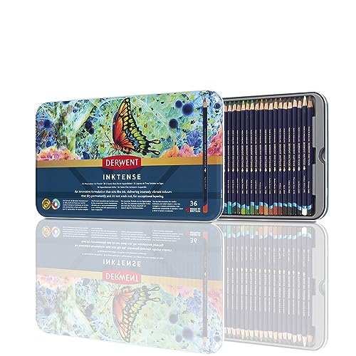 Derwent Inktense Juego de 36 Lapices de Tinta para Acuarela Solubles en Agua para Papel o Tela en Caja Metalica, 4 mm
