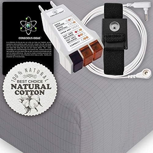 Earthing Grounding Sheet Grounded Fitted Matress Sheets Conductive 400TC Pure Silver Thread Healthy Earth Energy Therapy Bedding Blanket 95% Natural Organic Cotton USA Tester Cord (King Size)