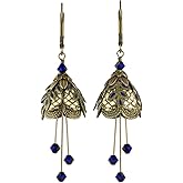 NoMonet Italian Courtesan Art Deco Drop Earrings, Hand Painted Vintage Brass Filigree, Crystals, Nature-Inspired Fantasy, Classic Dangle, Made in USA