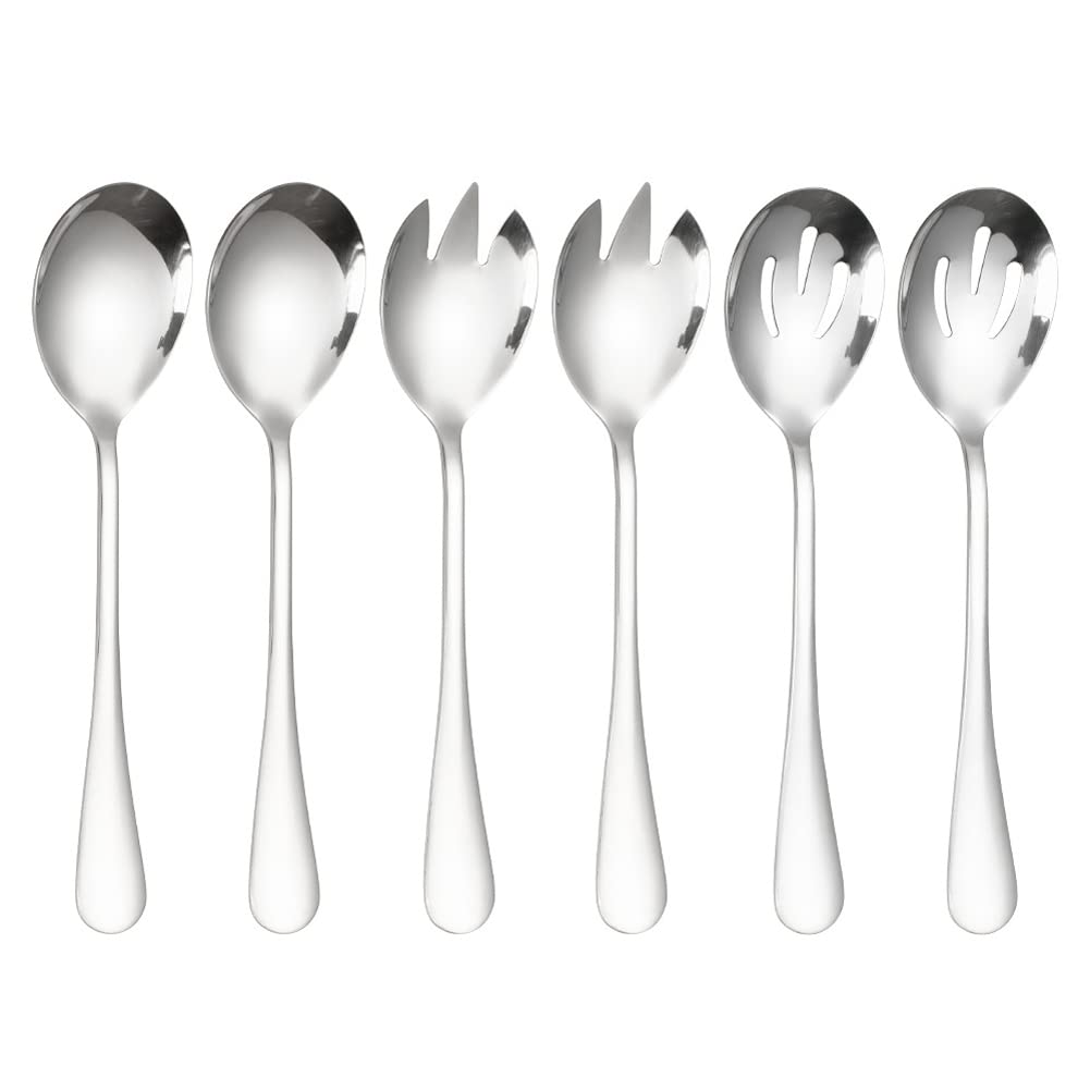 ARFUKA Salad Servers Stainless Steel Salad Serving Set Salad Spoon and Fork Set Kitchen Cooking Utensil Cutlery Gifts Silver, Set of 6